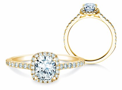 Anello di Fidanzamento Halo Cushion Pavé in 14K oro giallo con diamanti 0,50ct G/SI